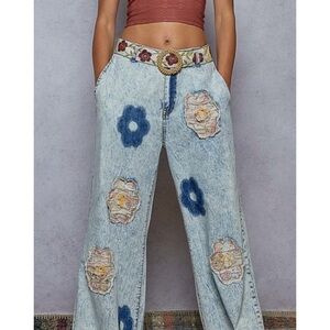 POL Bloom Floral Embroidered Light Blue Jeans
